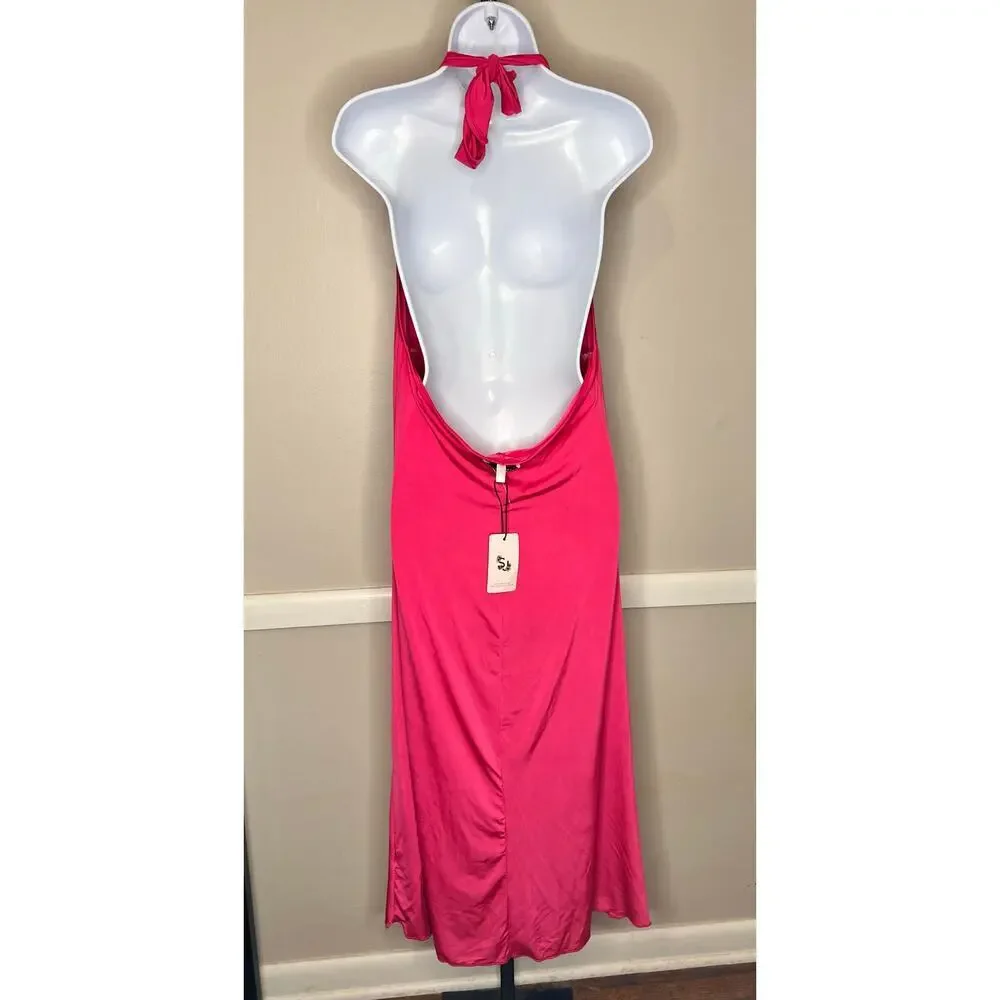 ☀️Sincerely Jules Hot Pink Halter Tie Neck Cowl Neck Slip Midi Dress Size L NWT - Picture 3 of 6